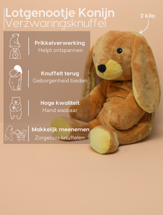 Verzwaringsknuffel konijn, 2kg zwaar, knuffelt terug, overal verzwaard, Hoge kwaliteit, handwasbaar, Makkelijk meenemen, zorgeloos knuffelen